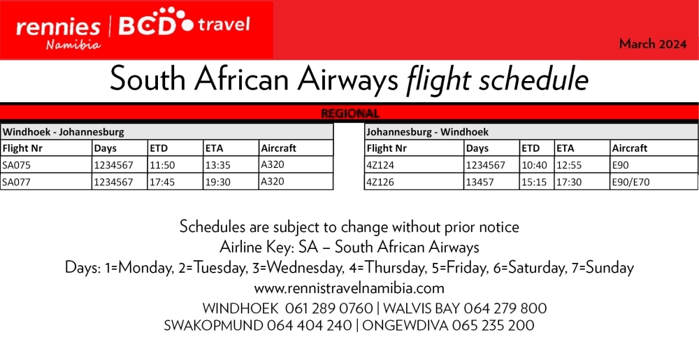Flight schedule: South African Airways Image - Tourismus Namibia