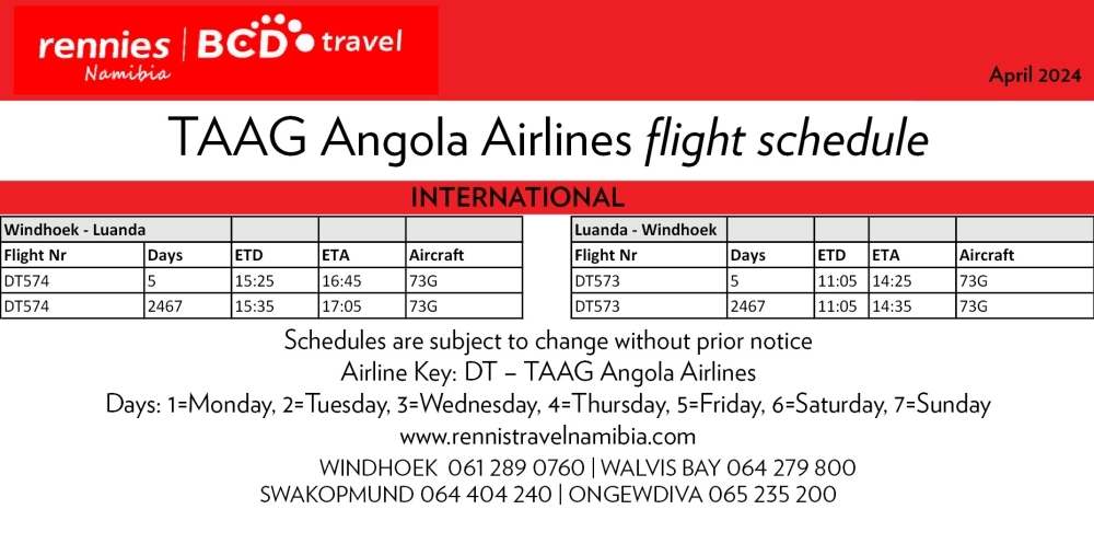 Flight schedule: TAAG image - Tourismus Namibia